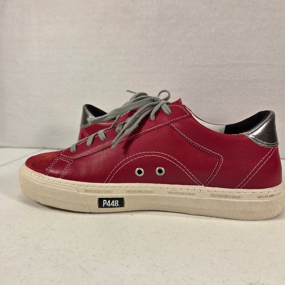 P448 Ruby Red Leather Suede Low Top Sneakers Gray Lace Shoes EU 42 NWOT - Picture 16 of 16